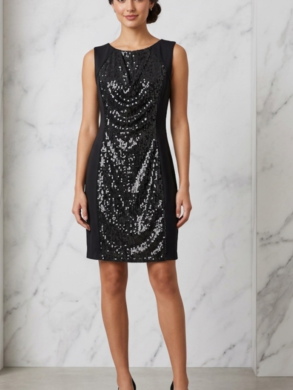 Donna Ricco Black Sequin Cocktail Sheath Dress